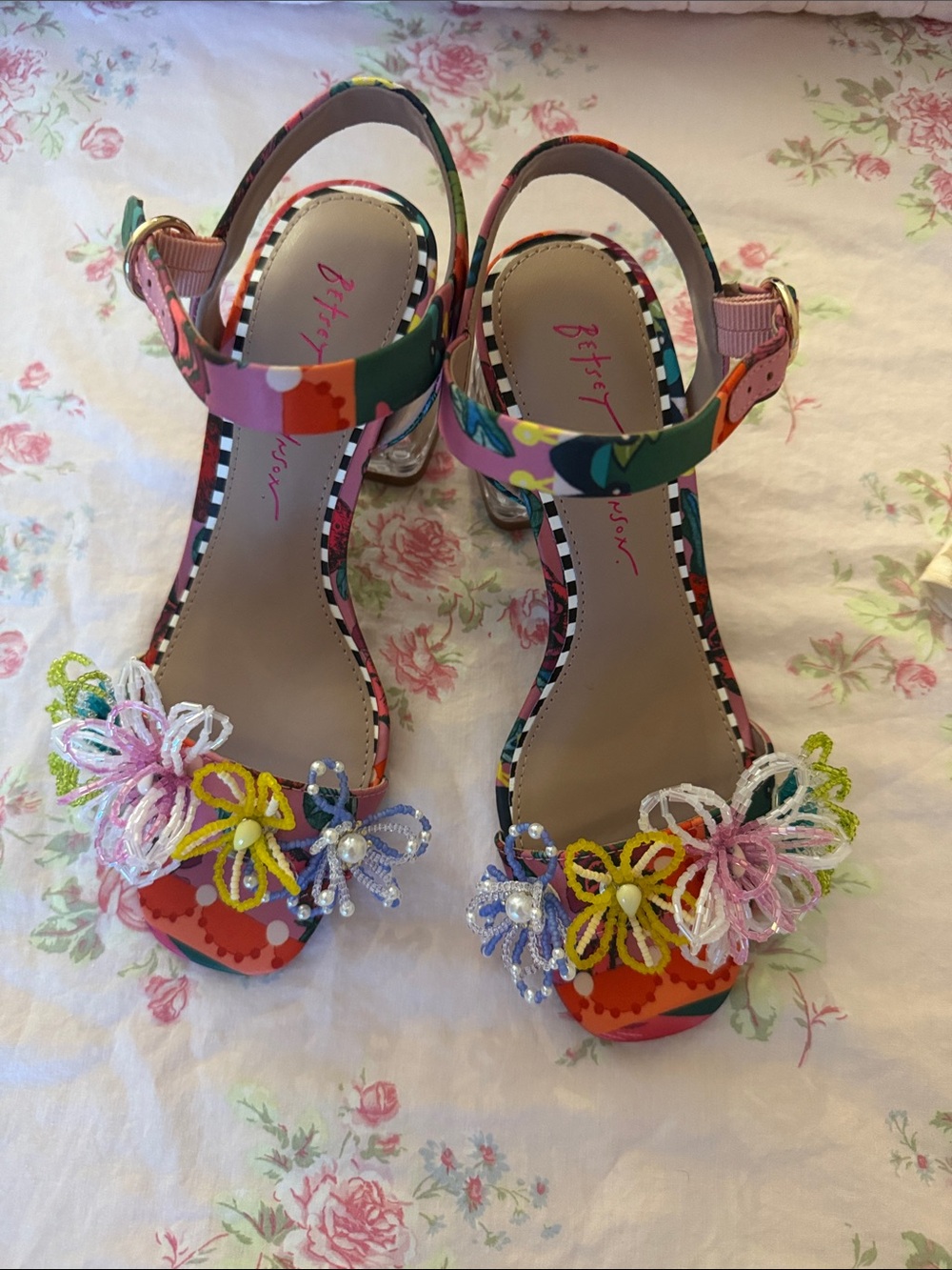 Betsey Johnson Multicolor Floral Beaded Ankle-Strap Heels - Pink, Green, Yellow